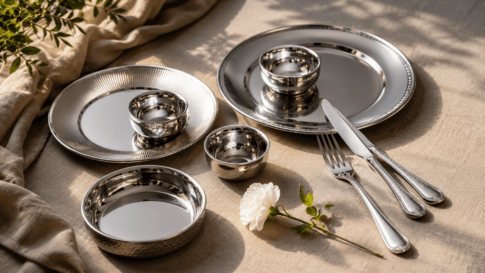A heritage Indian table set with brass thali, copper bowls and silver glasses on warm linen